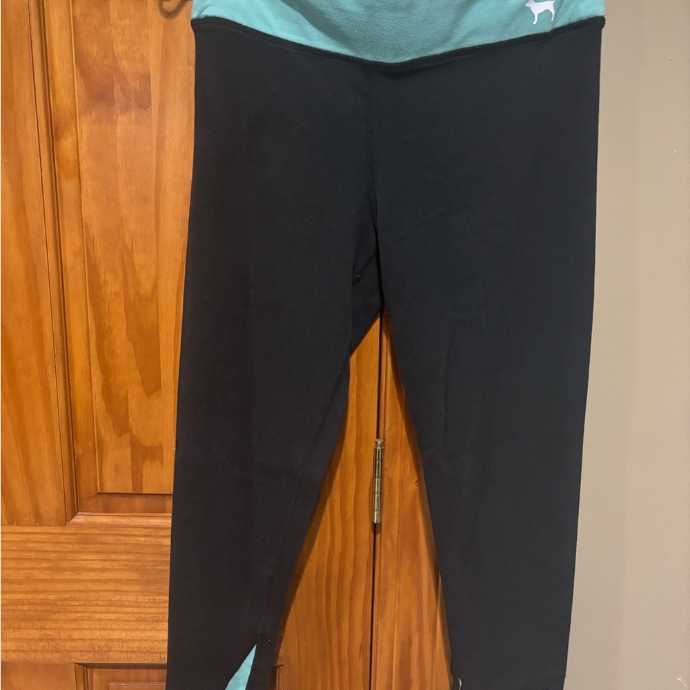 Victoria's Secret Black and Teal Yoga Pants with Elastic Waistband